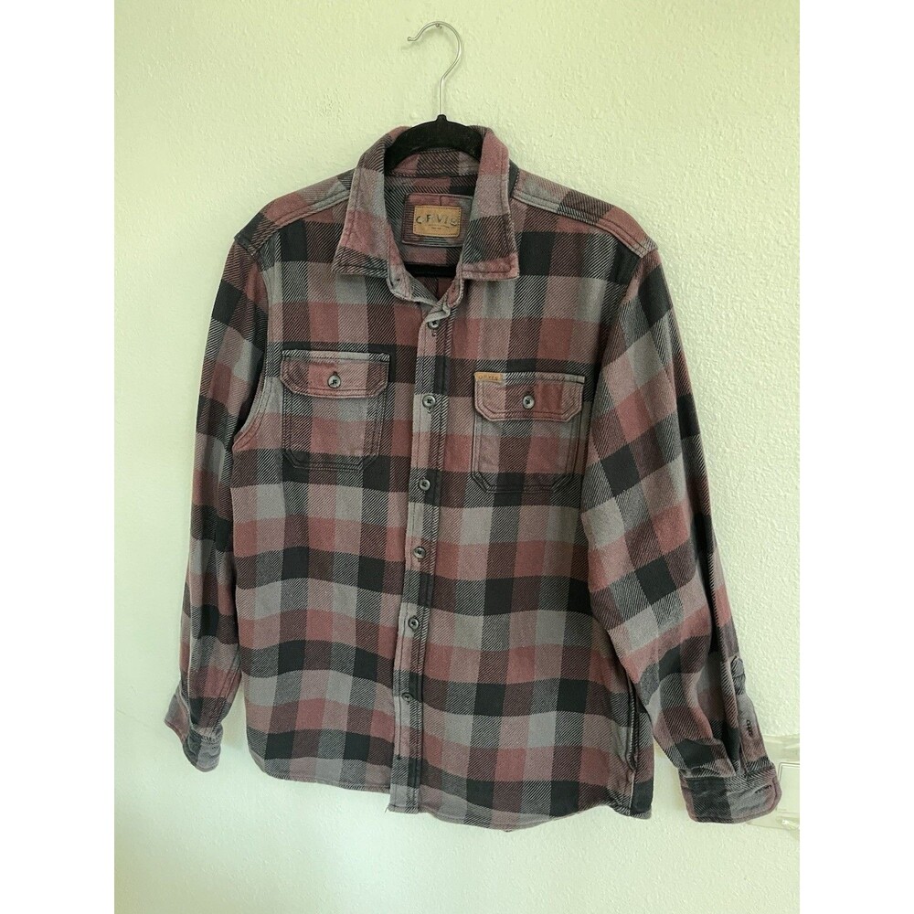 Orvis Heavyweight Plaid Flannel Button Down Shirt Jacket Medium Burgundy Gray